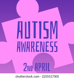 Squared banner about world autism awareness 2nd April flat style, vector illustration. Puzzle piece, sign of autism, shades of purple. Design for print and web