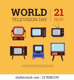 Squared banner about world television day flat style, vector illustration isolated on yellow background. Various retro televisions, antenna, place for text