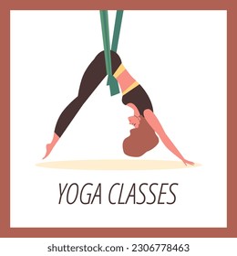 Squared banner about yoga classes flat style, vector illustration isolated on brown background. Aerial yoga, stretching woman, decorative design, health and beauty