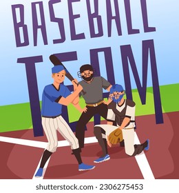 Squared banner with baseball team flat stye, vector illustration. Baseball players in uniform, popular American sport game, decorative design, happy smiling people