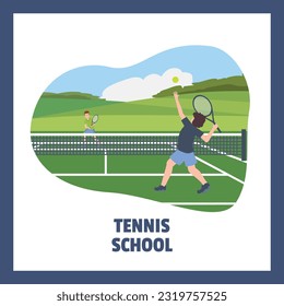 Squared banner with boys playing tennis outdoor flat style, vector illustration isolated on white background. Tennis school, practicing young men, decorative design with text