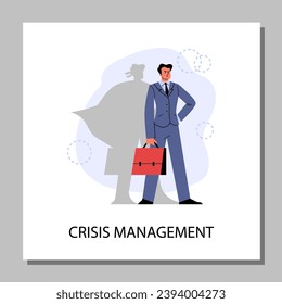 Squared banner with businessman with superhero shadow flat style, vector illustration isolated on gray background. Decorative design with text, crisis management metaphor