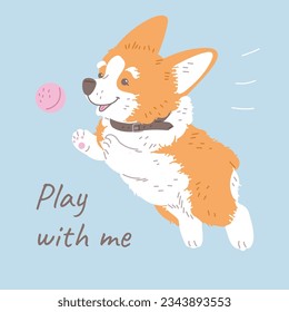 Squared banner with corgi fog playing with ball flat style, vector illustration isolated on blue background. Decorative design with text, happy cute pet, domestic animal