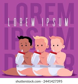 Squared banner with cute baby boys in diapers drinking from bottles flat style, vector illustration isolated on violet background. Decorative design with place for text, infancy