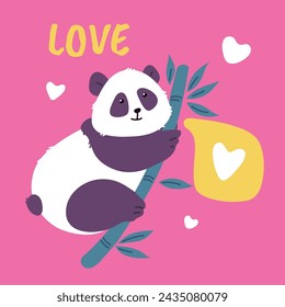 Squared banner with cute panda on bamboo tree flat style, vector illustration isolated on pink background. Decorative design element, funny smiling character, love text