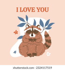Squared banner with cute raccoon flat style, vector illustration isolated on peach background. Decorative design with I love you text, leaves and flowers, nice animal