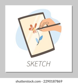 Squared banner with hand holding stylus for tablet flat style, vector illustration isolated on gray background. Digital painting, flower sketch, decorative design element, hobby and education
