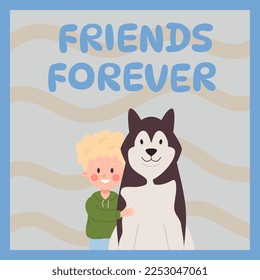 Squared banner with happy blonde little boy hugging huge dog flat style, vector illustration. Friends forever text, smiling child and pet characters, decorative design