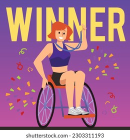 Squared banner with happy winner woman in wheelchair flat style, vector illustration. Disabled athlete, decorative design, smiling character raises gold medal, victory