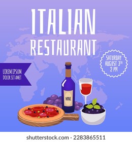 Squared banner for Italian restaurant flat style, vector illustration. Silhouette of world map on background, decorative design, wine, pizza and grapes. Advertising, place for text