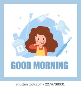 Squared banner with kid girl brush teeth flat style, vector illustration. Good morning, daily routine, health and hygiene. Gloss, oral care products, decorative design, child