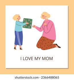 Squared banner with kid girl giving gift box to surprised mother flat style, vector illustration isolated on yellow background. Decorative design with I love my mom text, happy family, holiday
