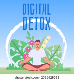 Squared banner with meditating woman about digital detox flat style, vector illustration. Smiling woman sitting in lotus position and enjoying nature, leaves and flowers, relaxing character