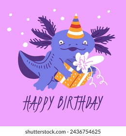 Squared banner or postcard about happy birthday with cute axolotl flat style, vector illustration isolated on purple background. Decorative design with text, funny holiday character