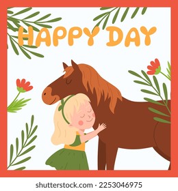 Squared banner or postcard with cute little girl hugging horse flat style, vector illustration. Happy day text, leaves and flowers, friendship, kid hugging animal