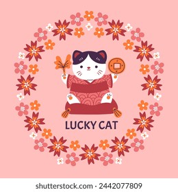 Squared banner or postcard with cute maneki neko cat dressed in kimono flat style, vector illustration isolated on pink background. Decorative design with lucky cat text, round floral frame