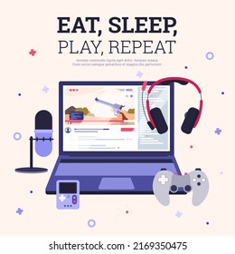 Squared Banner Or Poster With Gamer Equipment Flat Style, Vector Illustration Isolated On Light Background. Eat, Sleep, Play, Repeat Text. Laptop, Headphone With Microphone, Joystick