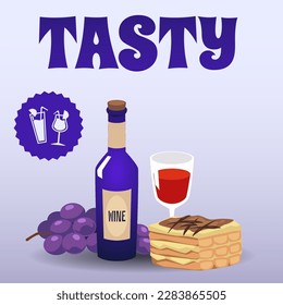 Squared banner with red wine, grapes and sweet dessert flat style, vector illustration isolated on blue background. Tasty Italian food, national cuisine, dish