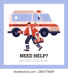 Squared banner with running ambulance emergency specialist holding medical bag flat style, vector illustration isolated on blue background. Decorative design with place for text, help and health