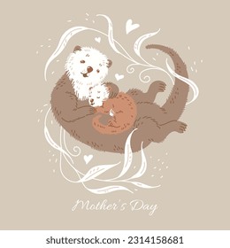 Squared banner with sea otters about Mother's Day flat style, vector illustration isolated on light background. Decorative holiday design, cute water animals, baby lying on mom