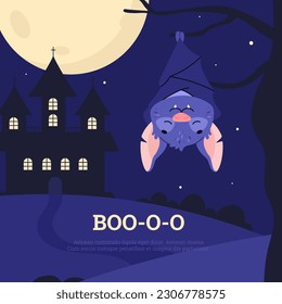 Squared banner with smiling hanging upside down on tree bat flat style, vector illustration. Castle silhouette, huge moon, decorative design with place for text