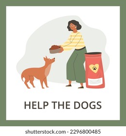 Squared banner with smiling woman feeding stray dog flat style, vector illustration isolated on green background. Homeless animal, assistance and kindness, decorative design