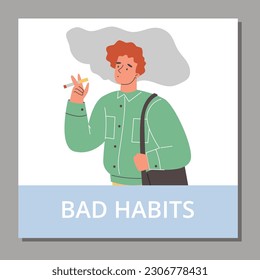 Squared banner with smoking boy flat style, vector illustration isolated on gray background. Bad habit, unhealthy, decorative design, gray cloud of smoke