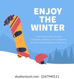 Squared banner with snowboard and helmet flat style, vector illustration. Enjoy the winter text, decorative design, leisure. Winter sport, place for text