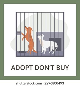 Squared banner with stray dogs in cage flat style, vector illustration isolated on green background. Adopt don't buy text, decorative design, homeless animal control center, shelter