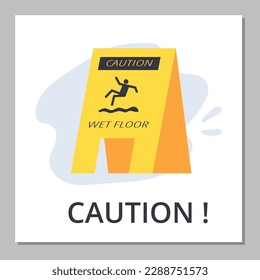 Squared banner with yellow triangular caution sign about wet floor flat style, vector illustration isolated on gray background. Cleaning and washing, falling man silhouette