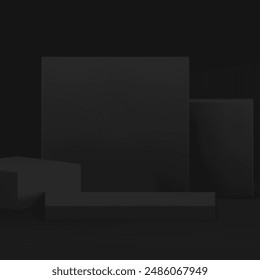 Quadratische schwarze 3D Podium Sockel Sale Werbung zeigen realistische Vektorillustration. Stilvoller, dunkler Plattform-kommerzieller Showroom mit Wand-Hintergrund-Showcase-Stand für Präsentationsshow