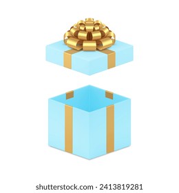Squared blue gift box with open cap and golden bow ribbon holiday celebrate 3d icon realistic vector illustration. Elegant cute wrapped package for surprise present shopping sale discount decor