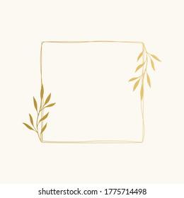 Squared Botanical Frame. Hand Drawn  Golden Borders. Vector Isolated Illustration.