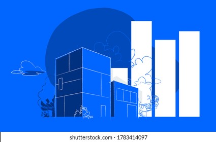Edificios y gráficos al cuadrado que representan el crecimiento de las empresas
