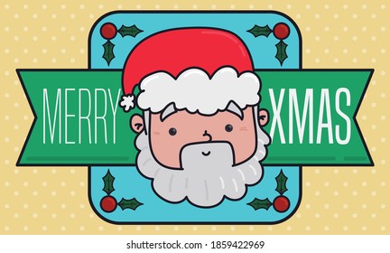 Squared button with cute Santa's face, decorated with mistletoe and greeting ribbon.