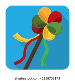 Squared button with Garabato wand decorated with ribbons to celebrate Barranquilla's Carnival. Design in flat style and long shadow.