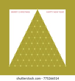 Squared Christmas card with a golden Christmas tree with stars. Minimal Design. Vector Illustration. Winter holiday card design.