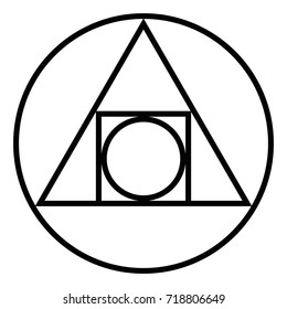 The Squared Circle. Alchemical Glyph From Seventeenth Century. Symbol For The Creation Of The Philosophers Stone And The Interplay Of The Four Elements Of Matter. Black And White Illustration. Vector.