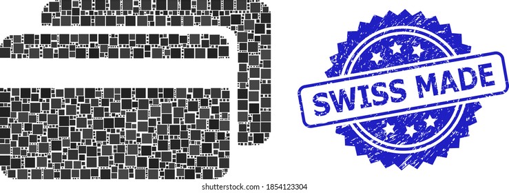 Squared dot collage credit cards and SWISS MADE grunge seal. Blue stamp seal contains SWISS MADE title inside rosette. Vector credit cards collage is done with scattered squared elements.