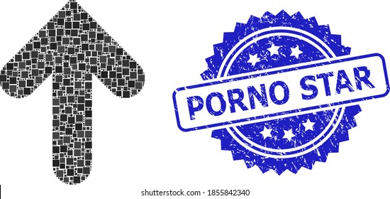 Squared dot collage up direction and PORNO STAR unclean stamp. Blue stamp seal contains PORNO STAR title inside rosette. Vector up direction collage is organized with randomized rectangular items.