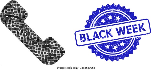Squared dot mosaic phone receiver and BLACK WEEK grunge stamp. Blue seal contains BLACK WEEK title inside rosette. Vector phone receiver mosaic is created from random squared items.