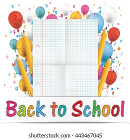 Squared and folded paper with balloons, letters, numbers, pencils and text "Back to School". Eps 10 vector file.