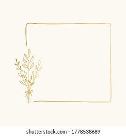 Squared frame with nature elements. Hand drawn  golden borders. Card template with bouquet. Vector isolated illustration.