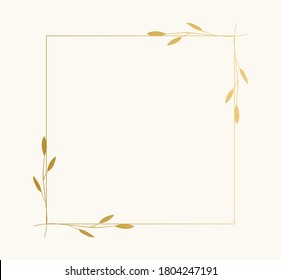 Squared frame with nature elements. Hand drawn  golden borders. Card template with plants. Vector isolated illustration.