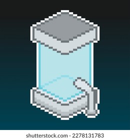Squared Futuristic Cryo Tube, Pixelated Art, Isolated with Neon Blue Gradient Background