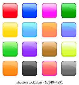 Squared glossy icons set. Vector colorful buttons. Bright design elements. 