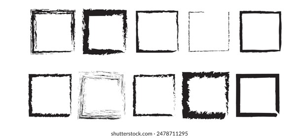 Squared hand drawn borders collections. Rough ink brush stroke border. Grunge square and rectangle frames. Rubber square stamp imprint. Dirty grungy black photo frame texture. Vector illustration.