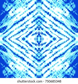 Squared indigo background. Tie dye textile pattern with blue and white palette. Grunge print for scarfs, dresses, shirts, cushions. Ethnic textile collection.
