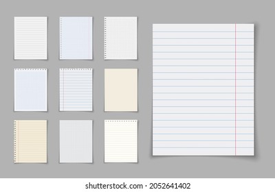 Squared and lined paper sheets of notebook or copybook. Blank gridded notebook papers for homework and exercises. Torn of white jotter.