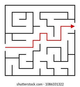 Squared maze with way from entrance to exit over white background. The concept of difficulty, confusion and solution
